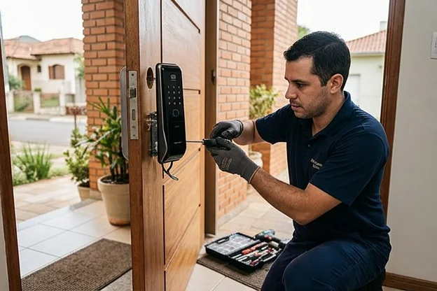 Chaveiro em Botucatu instalando uma fechadura digital em uma porta.